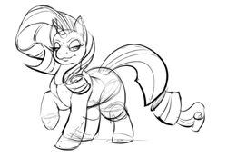 Size: 645x476 | Tagged: safe, artist:calorie, derpibooru import, rarity, pony, unicorn, chubbity, chubby, female, grayscale, lidded eyes, mare, monochrome, raised hoof, raised leg, simple background, sketch, solo, white background