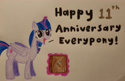 Size: 3566x2327 | Tagged: safe, artist:magicnova, derpibooru exclusive, derpibooru import, twilight sparkle, twilight sparkle (alicorn), alicorn, pony, book, female, happy birthday mlp:fim, looking at you, magic, magic aura, mare, mlp fim's eleventh anniversary, simple background, solo, traditional art, white background