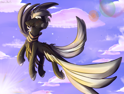 Size: 2020x1536 | Tagged: safe, artist:yuris, derpibooru import, oc, oc only, oc:midnight serenity, pegasus, pony, clothes, cloud, male, scarf, sky, smiling, solo