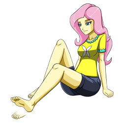 Size: 3600x3600 | Tagged: safe, artist:artemis-polara, derpibooru import, fluttershy, equestria girls, barefoot, breasts, clothes, commission, feet, foot tapping, shirt, shorts, simple background, solo, tapping, transparent background