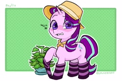 Size: 2100x1400 | Tagged: safe, artist:matterproblem, derpibooru import, phyllis, starlight glimmer, pony, unicorn, blushing, clothes, eye clipping through hair, female, hat, looking at you, mare, plant, potted plant, socks, solo, striped socks