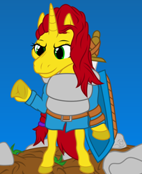 Size: 2048x2512 | Tagged: safe, artist:terminalhash, derpibooru import, oc, oc:rouzfirecarrot, anthro, pony, unicorn, anthro oc, clothes, digital art, knight, shield, solo, sword, vector, weapon