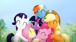 Size: 4622x2600 | Tagged: safe, artist:fladdrarblyg, derpibooru import, applejack, fluttershy, pinkie pie, rainbow dash, rarity, twilight sparkle, twilight sparkle (alicorn), alicorn, earth pony, pegasus, pony, unicorn, the beginning of the end, anniversary, applejack's hat, bipedal, clothes, cowboy hat, crying, cute, dashabetes, diapinkes, eyes closed, female, group hug, hat, high res, hug, jackabetes, mane six, mare, raribetes, shyabetes, tears of joy, twiabetes