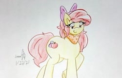 Size: 1896x1216 | Tagged: safe, artist:gmangamer25, derpibooru import, apple bloom, earth pony, pony, alternate cutie mark, female, filly, foal, neckerchief, solo, traditional art