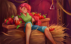 Size: 3840x2400 | Tagged: safe, artist:sant25, derpibooru import, apple bloom, human, apple, barn, erect nipples, food, hay bale, humanized, nipple outline, solo