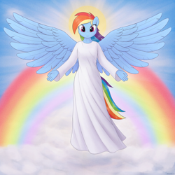 Size: 3500x3500 | Tagged: safe, artist:irisarco, derpibooru import, rainbow dash, anthro, pegasus, angelic, clothes, cloud, day, dress, ear fluff, ears, female, flying, halo, looking at you, mare, outdoors, rainbow, sky, smiling, smiling at you, solo, spread wings, standing, watermark, wings