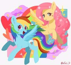 Size: 2048x1870 | Tagged: safe, artist:efuji_d, derpibooru import, fluttershy, rainbow dash, pegasus, pony, female, heart, mare, open mouth, open smile, rainbow, smiling, sparkles, starry eyes, wingding eyes