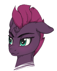 Size: 2826x3508 | Tagged: safe, artist:koshakevich, derpibooru import, tempest shadow, pony, unicorn, bust, ears, female, floppy ears, high res, mare, portrait, simple background, smiling, solo, transparent background