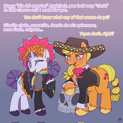 Size: 2048x2048 | Tagged: safe, artist:scarletredrabbt, derpibooru import, applejack, catrina, rarity, earth pony, pony, unicorn, dialogue, female, flower, flower in hair, lesbian, mariachi, mariachi hat, mexico, rarijack, shipping, spanish