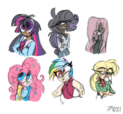 Size: 875x807 | Tagged: safe, artist:jazzyrazzy14, derpibooru import, applejack, fluttershy, pinkie pie, rainbow dash, rarity, twilight sparkle, human, alternate hairstyle, blackwashing, clothes, dark skin, female, freckles, grin, hoodie, humanized, mane six, necktie, shirt, simple background, skirt, sleeveless, smiling, suit, sweater, white background