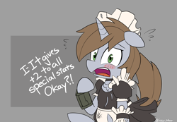 Size: 2550x1762 | Tagged: safe, artist:icey, derpibooru import, oc, oc only, oc:littlepip, pony, unicorn, fallout equestria, abstract background, blushing, brown mane, brown tail, chest fluff, choker, clothes, dialogue, dress, ears, featured image, female, floppy ears, french maid, gray coat, green eyes, horn, looking at you, maid, mare, open mouth, pipboy, pipbuck, solo, talking to viewer, text, torn clothes, unicorn oc