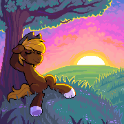 Size: 180x180 | Tagged: safe, artist:hikkage, oc, oc only, oc:acres, earth pony, pony, animated, blonde, blonde mane, blonde tail, brown coat, coat markings, cowboy hat, detailed background, earth pony oc, eyes closed, hooves behind head, leaning back, male, relaxing, scenery, smiling, socks (coat marking), solo, stallion, sun, sunset, tree