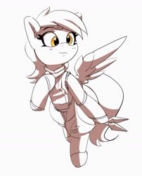 Size: 1633x2019 | Tagged: safe, artist:pabbley, derpibooru import, derpy hooves, pegasus, pony, clothes, ear fluff, ears, female, flying, holding, kunai, mare, monochrome, neo noir, ninja, partial color, raised hoof, raised leg, simple background, smiling, solo, spread wings, white background