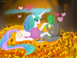 Size: 4000x3000 | Tagged: safe, artist:enonnnymous, derpibooru import, princess celestia, oc, oc:anon, alicorn, human, pony, /sun/, autumn, blushing, canon x oc, clothes, cute, cutelestia, duo, eye contact, female, heart, heart eyes, hoof hold, hoof kissing, human male, interspecies, kissing, leaves, looking at each other, love, lying down, male, mare, prone, shipping, sitting, straight, sweater, waifu, wingding eyes