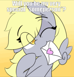 Size: 928x960 | Tagged: safe, artist:lockheart, editor:undeadponysoldier, derpy hooves, pegasus, pony, :3, adorable face, animated, blinking, bronybait, caption, cat smile, cute, derpabetes, edited gif, envelope, female, gif, gift, gradient background, happy, heart sticker, hearts and hooves day, image macro, implied human, letter, looking at you, mare, mouth hold, one eye closed, quote, smiling, smiling at you, solo, special somepony, sticker, talking to viewer, text, wink