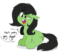 Size: 1360x1188 | Tagged: safe, artist:hattsy, oc, oc only, oc:anon filly, earth pony, pony, dialogue, faggot, female, mare, open mouth, raised eyebrow, simple background, sitting, slur, solo, speech bubble, that's gay, vulgar, white background