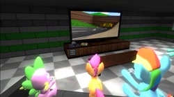 Size: 1024x575 | Tagged: safe, artist:undeadponysoldier, rainbow dash, scootaloo, spike, dragon, pegasus, pony, 3d, best friends, cartridge, competitive, controller, cute, female, gmod, group, hanging out, happy, koopa troopa, luigi, luigi raceway, male, mare, n64 controller, nintendo 64, playing video games, sitting, sofa, tunnel, wario