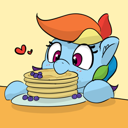 Size: 3000x3000 | Tagged: safe, artist:pabbley, color edit, derpibooru import, edit, rainbow dash, pegasus, pony, /mlp/ con, blueberry, colored, cute, dashabetes, ear fluff, ears, female, floating heart, food, heart, mare, nom, pancakes, plate, requested art, solo