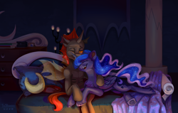 Size: 3300x2100 | Tagged: safe, artist:teaflower300, derpibooru import, princess luna, oc, oc:phasmatodea, alicorn, changeling, pony, fanfic:changing expectations, bed, bedroom, canon x oc, changeling oc, dresser, fanfic art, hug, orange changeling, shipping