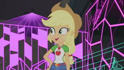 Size: 3410x1920 | Tagged: safe, derpibooru import, screencap, applejack, better together, constructive criticism, constructive criticism: photo finish, equestria girls, applejack's hat, belt, clothes, cowboy hat, cutie mark, cutie mark on clothes, denim skirt, female, geode of super strength, hand on hip, hat, high res, jewelry, magical geodes, necklace, open mouth, open smile, skirt, smiling, solo