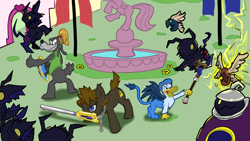 Size: 1920x1080 | Tagged: safe, derpibooru import, pony, crossover, disney, donald duck, fountain, goofy (disney), kingdom hearts, ponified, ponyville, sora, square enix, thunder