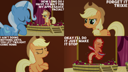 Size: 1280x720 | Tagged: safe, derpibooru import, edit, edited screencap, editor:quoterific, screencap, applejack, trixie, earth pony, pony, unicorn, magic duel, season 3, apple, applejack's hat, clothes, cowboy hat, crossed hooves, eyes closed, feather, female, food, hat, laughing, magic, mare, open mouth, open smile, ponyville town hall, smiling, telekinesis, tickling