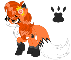 Size: 910x768 | Tagged: safe, artist:lazuli0209, artist:madlilon2051, derpibooru import, oc, oc only, fox, fox pony, hybrid, pony, base used, chest fluff, eyelashes, flower, flower in hair, paw prints, raised hoof, raised leg, simple background, smiling, transparent background