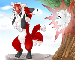 Size: 4251x3401 | Tagged: safe, artist:schokocream, derpibooru import, oc, oc only, oc:dr. wolf, oc:tricky fox, anthro, digitigrade anthro, fox, wolf, barely pony related, magical gay spawn, male, multiple tails, no pony, offspring, outdoors, parents:oc x oc, tail