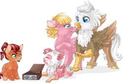 Size: 4634x3111 | Tagged: safe, artist:schokocream, derpibooru import, oc, oc only, griffon, hippogriff, pegasus, pony, baby, baby pony, griffon oc, hippogriff oc, pegasus oc, raised hoof, raised leg, simple background, smiling, white background, wings