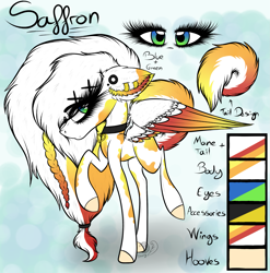 Size: 2225x2250 | Tagged: safe, artist:beamybutt, derpibooru import, oc, oc only, oc:saffron, pegasus, pony, choker, colored hooves, colored wings, ear fluff, ear piercing, earring, ears, eyelashes, female, jewelry, mare, pegasus oc, piercing, raised hoof, raised leg, reference sheet, two toned wings, wings