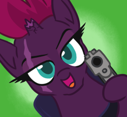 Size: 303x280 | Tagged: safe, artist:jargon scott, derpibooru import, fizzlepop berrytwist, tempest shadow, pony, unicorn, broken horn, close-up, eye scar, gun, handgun, hi anon, horn, lidded eyes, looking at you, meme, open mouth, open smile, pistol, scar, smiling, solo, weapon