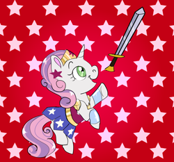 Size: 1500x1400 | Tagged: safe, artist:miyalaflordorada, derpibooru import, sweetie belle, pony, unicorn, clothes, costume, cute, diasweetes, ear piercing, earring, female, filly, foal, halloween, halloween costume, jewelry, piercing, ponytober, rearing, solo, sword, weapon, wonder woman