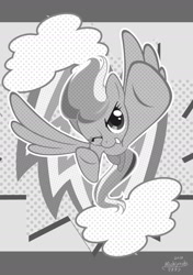 Size: 1280x1819 | Tagged: dead source, safe, artist:michiyoshi, derpibooru import, rainbow dash, pegasus, pony, 2013, cloud, female, flying, grayscale, mare, monochrome, one eye closed, open mouth, open smile, smiling, solo, spread wings, wings, wink