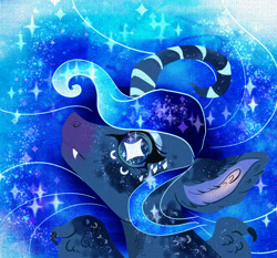 Size: 1500x1400 | Tagged: safe, artist:miyalaflordorada, derpibooru import, princess luna, alicorn, pony, bust, claws, curved horn, ear fluff, ears, ethereal mane, fangs, female, horn, mare, ponytober, solo, starry eyes, starry mane, wing claws, wingding eyes, wings