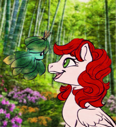 Size: 1280x1400 | Tagged: safe, artist:miyalaflordorada, derpibooru import, paradise, pegasus, pony, g1, duo, female, forest, forest spirit, mare, open mouth, open smile, pixel art, ponytober, smiling, sprite