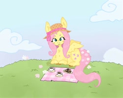 Size: 1024x815 | Tagged: safe, artist:zukii-drazu, derpibooru import, fluttershy, pegasus, pony, chest fluff, cookie, cup, cute, female, flower, flower in tail, food, grass, hat, looking at you, lying down, mare, picnic blanket, plate, prone, shyabetes, solo, sun hat, tail, teacup, unshorn fetlocks