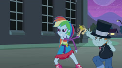 Size: 3410x1920 | Tagged: safe, derpibooru import, screencap, rainbow dash, snips, equestria girls, equestria girls (movie), belt, big crown thingy, boots, clothes, cutie mark, cutie mark on clothes, element of magic, fall formal outfits, female, fingerless gloves, gloves, grin, high res, jewelry, male, night, regalia, shoes, sleeveless, smiling