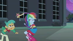 Size: 3410x1920 | Tagged: safe, derpibooru import, screencap, rainbow dash, snails, equestria girls, equestria girls (movie), :p, belt, big crown thingy, boots, clothes, cutie mark, cutie mark on clothes, element of magic, fall formal outfits, female, fingerless gloves, gloves, high res, jewelry, male, night, regalia, shoes, sleeveless, tongue, tongue out