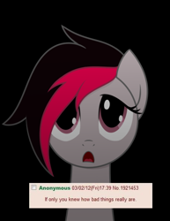 Size: 454x587 | Tagged: safe, derpibooru import, oc, oc only, oc:miss eri, earth pony, pony, 4chan, black background, bust, if only you knew how bad things really are, meme, sad, simple background, solo, text