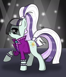 Size: 1722x2003 | Tagged: safe, artist:banquo0, derpibooru import, coloratura, earth pony, pony, bracelet, clothes, countess coloratura, female, jacket, jewelry, raised hoof, raised leg, solo, spiked wristband, veil, wristband