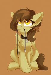 Size: 1942x2844 | Tagged: safe, artist:jazzynsfw, derpibooru import, oc, oc only, oc:static spark, pegasus, pony, begging, begging for walkies, blushing, collar, female, leash, mare, mouth hold, orange background, pegasus oc, pet play, pet tag, simple background, sitting, solo, wings