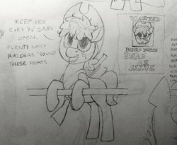 Size: 1742x1427 | Tagged: safe, artist:sodanium, oc, oc only, earth pony, female, gun, mare, monochrome, solo, text, traditional art, wanted poster, weapon