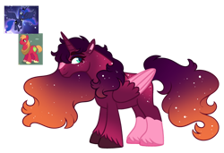 Size: 1280x874 | Tagged: safe, artist:transglimmer, derpibooru import, big macintosh, princess luna, oc, alicorn, earth pony, pony, alicorn oc, base used, ethereal mane, female, freckles, horn, male, mare, offspring, parent:big macintosh, parent:princess luna, parents:lunamac, simple background, stallion, starry mane, transparent background, unshorn fetlocks, wings