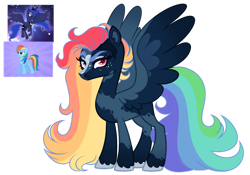 Size: 1280x896 | Tagged: safe, artist:transglimmer, derpibooru import, princess luna, rainbow dash, oc, alicorn, pegasus, pony, base used, female, large wings, magical lesbian spawn, mare, multicolored hair, offspring, parent:princess luna, parent:rainbow dash, parents:lunadash, pegasus oc, rainbow hair, simple background, transparent background, wings