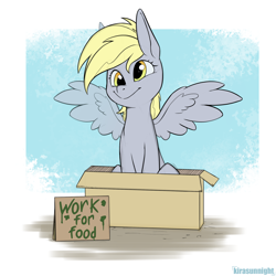 Size: 2000x2000 | Tagged: safe, artist:kirasunnight, derpibooru import, derpy hooves, pegasus, pony, box, female, high res, mare, pony in a box, sign, sitting, smiling, solo, spread wings, wings