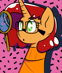 Size: 800x934 | Tagged: safe, alternate version, artist:tranzmuteproductions, derpibooru import, oc, oc only, oc:keyframe, pony, unicorn, :o, abstract background, bust, clothes, cosplay, costume, crossover, female, glasses, horn, magnifying glass, mare, open mouth, scooby doo, solo, unicorn oc, velma dinkley