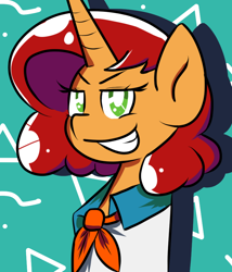 Size: 800x934 | Tagged: safe, alternate version, artist:tranzmuteproductions, derpibooru import, oc, oc only, oc:keyframe, pony, unicorn, abstract background, bust, clothes, cosplay, costume, crossover, female, fred jones, horn, mare, scooby doo, smiling, smirk, solo, unicorn oc