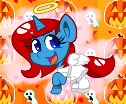Size: 1024x847 | Tagged: safe, artist:tranzmuteproductions, derpibooru import, oc, oc only, alicorn, angel, ghost, pony, undead, :d, alicorn oc, halloween, halo, holiday, horn, jack-o-lantern, open mouth, open smile, pumpkin, smiling, solo, wings