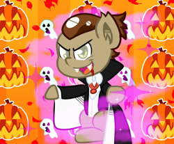 Size: 863x714 | Tagged: safe, artist:tranzmuteproductions, derpibooru import, oc, oc only, earth pony, pony, undead, vampire, cape, clothes, costume, earth pony oc, halloween, holiday, jack-o-lantern, male, pumpkin, solo, stallion