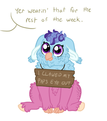 Size: 2810x3192 | Tagged: safe, artist:queenderpyturtle, derpibooru import, oc, oc only, oc:scrapjack, hippogriff, fledgeling, pony shaming, sign, simple background, solo, white background